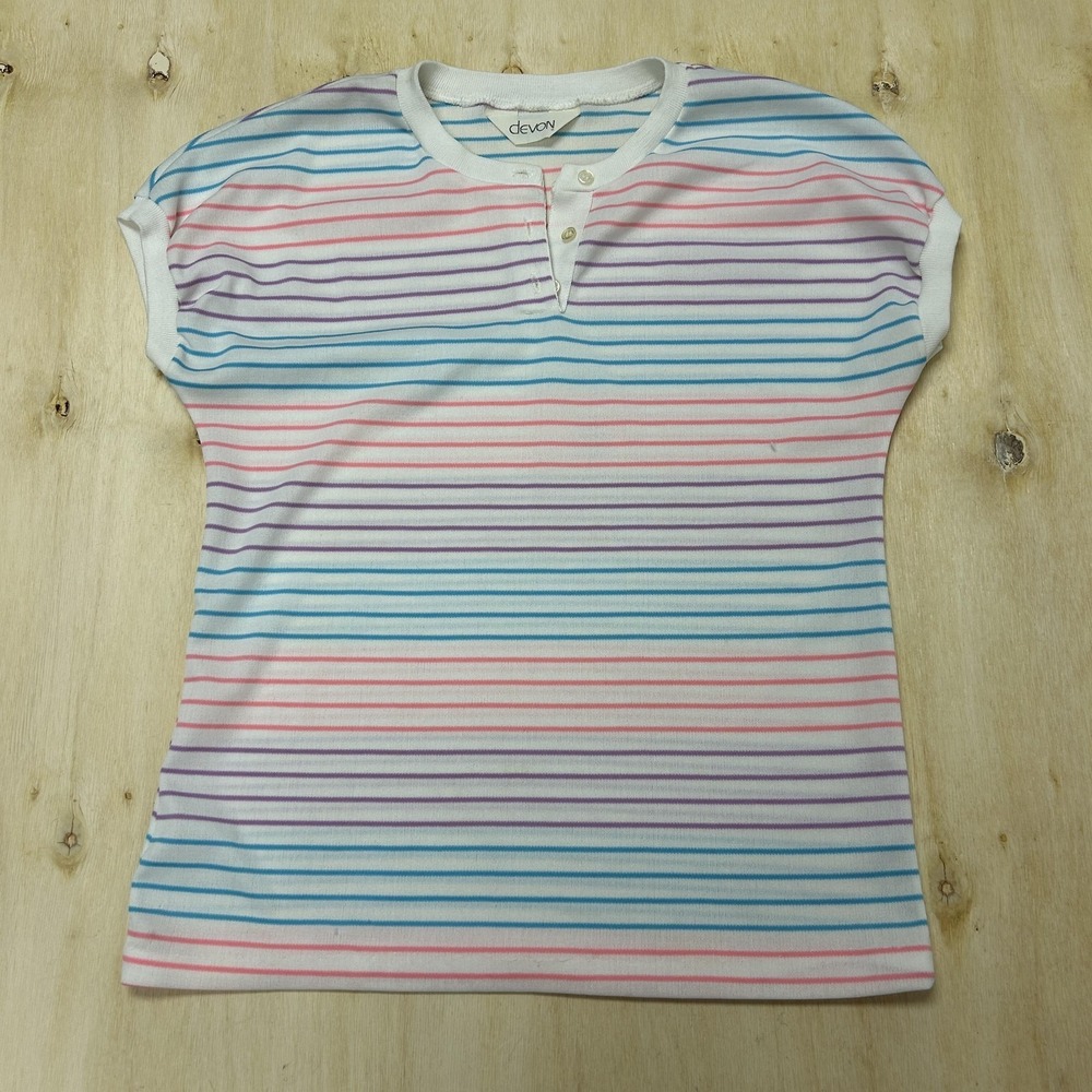 Vintage Devon Shirt Womens Medium Multicolor Stripe Henley Cap Sleeve Knit Top